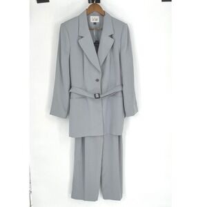Le Suit Womens 14 Light Blue Gray Belted Blazer and Wide Leg Pant Suit Set